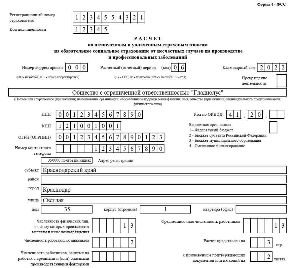 Платеж в фсс от несчастных случаев в 2023 году образец